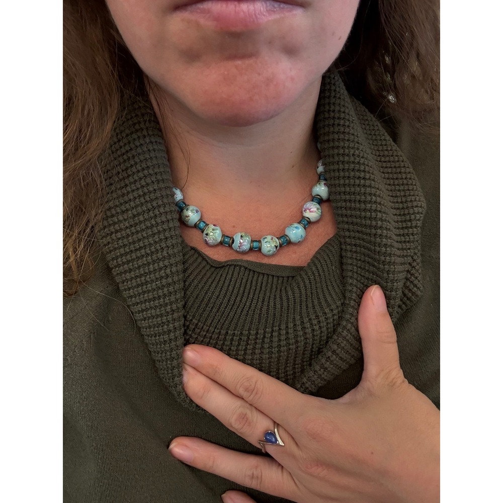 Vintage Floral Ceramic Bead Necklace Turquoise‎ Boho Statement